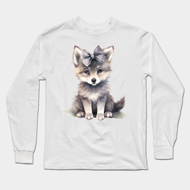 Gray Wolf Wearing Bow Long Sleeve T-Shirt by Chromatic Fusion Studio